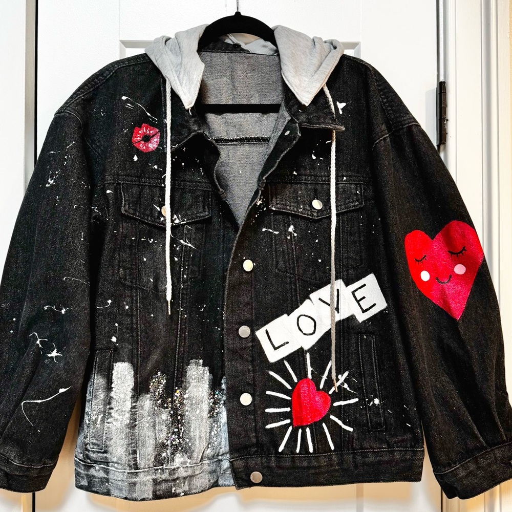 Custom hand painted black jean jacket 1 of a kind.